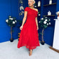 Giselle Off The Shoulder Mesh Midi Dress Ruby