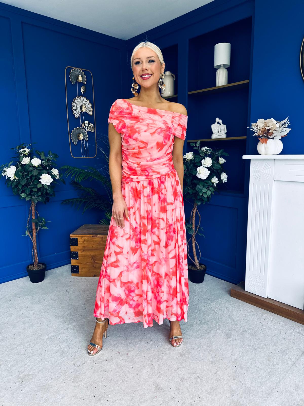 Hope Off The Shoulder Mesh Midi Dress Floral Coral