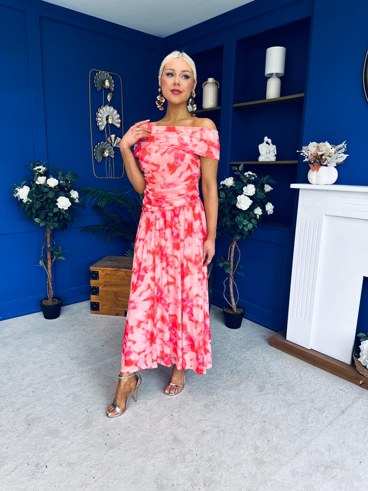 Hope Off The Shoulder Mesh Midi Dress Floral Coral