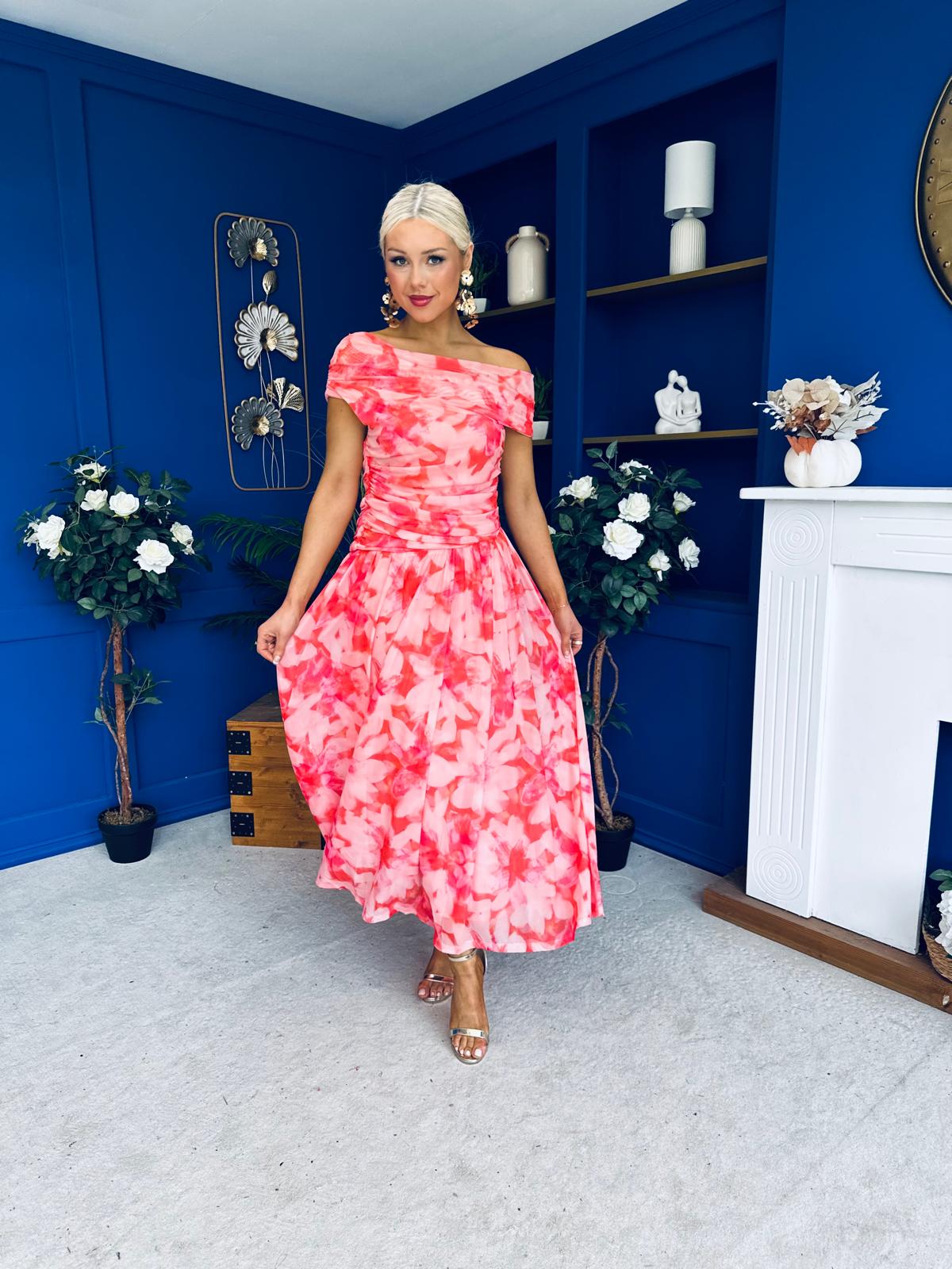 Hope Off The Shoulder Mesh Midi Dress Floral Coral
