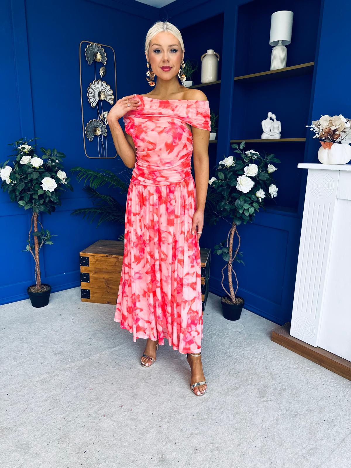 Hope Off The Shoulder Mesh Midi Dress Floral Coral