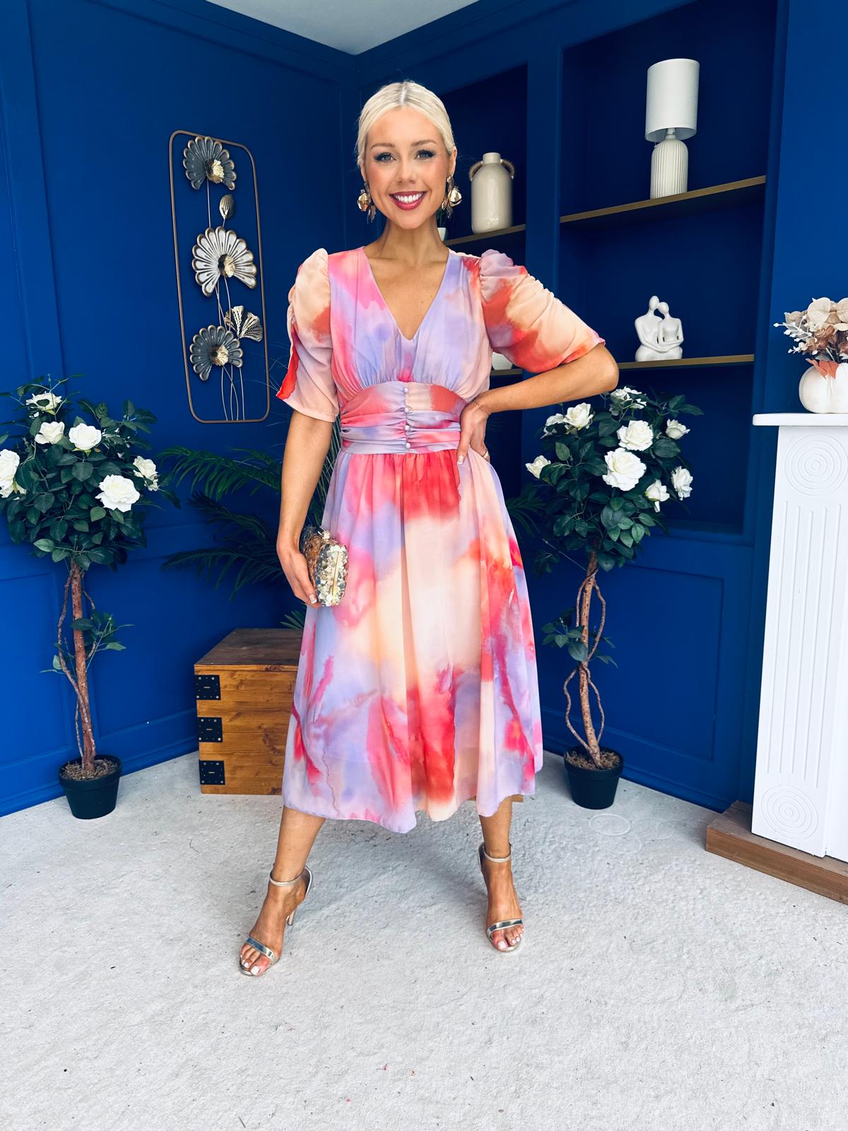Mirren Banded Midi Dress Marble Coral