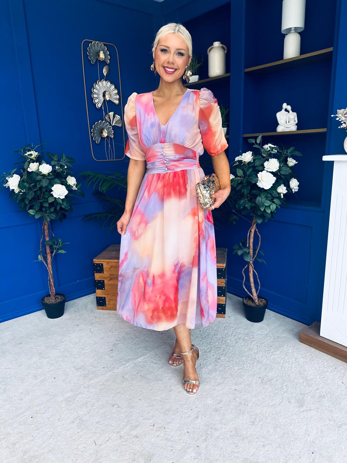 Mirren Banded Midi Dress Marble Coral