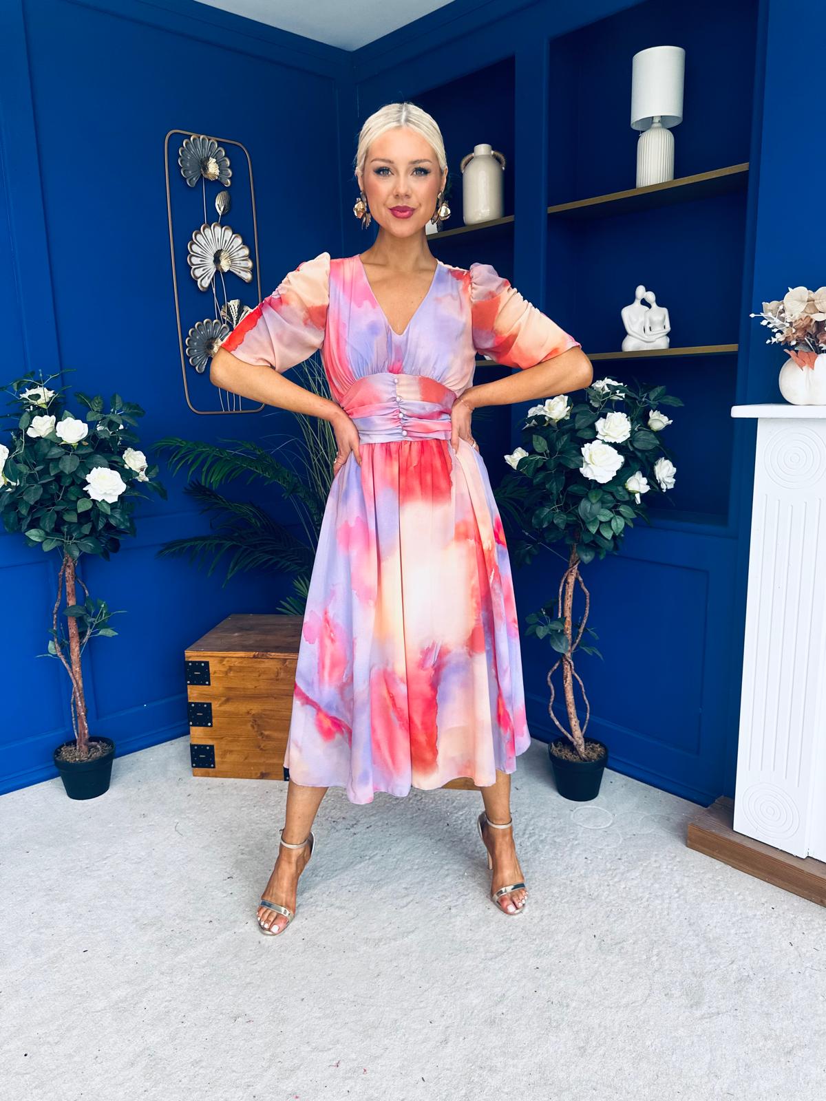 Mirren Banded Midi Dress Marble Coral