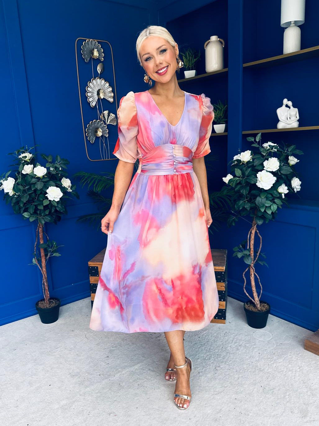 Mirren Banded Midi Dress Marble Coral