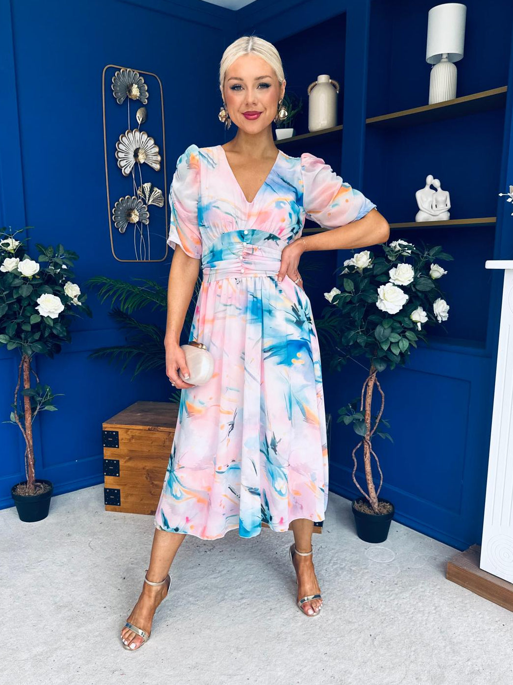 Mirren Banded Midi Dress Floral Pwr Pink