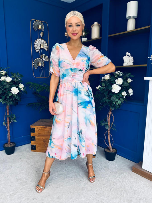 Mirren Banded Midi Dress Floral Pwr Pink