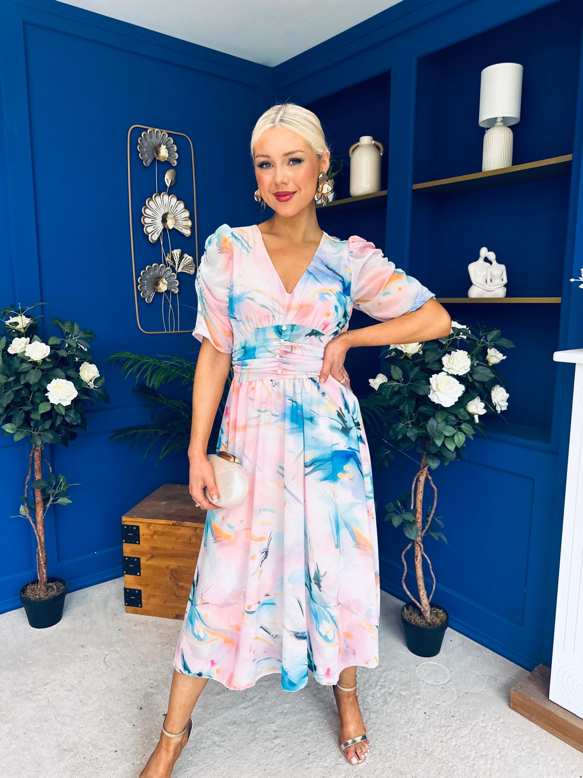 Mirren Banded Midi Dress Floral Pwr Pink