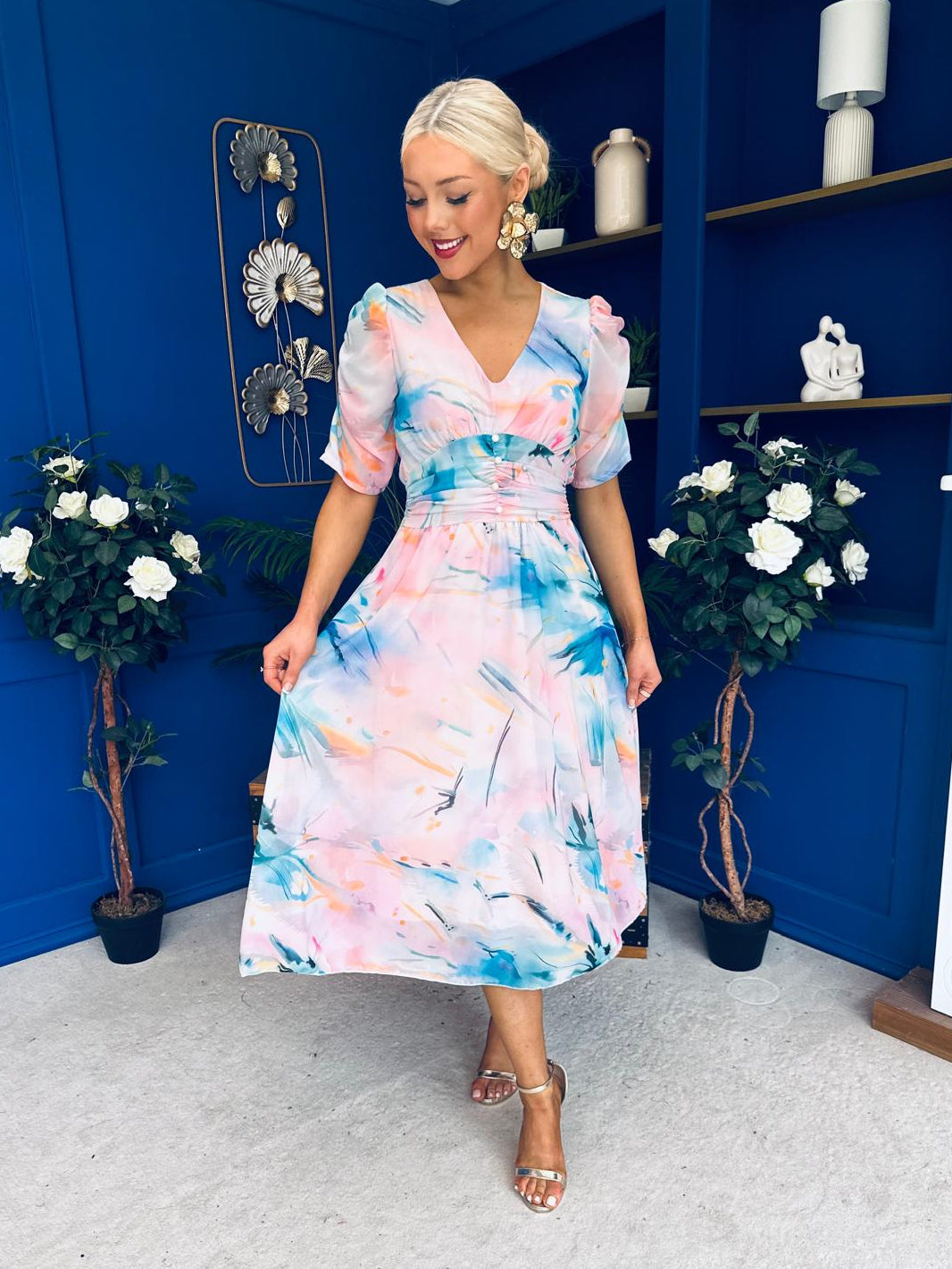 Mirren Banded Midi Dress Floral Pwr Pink