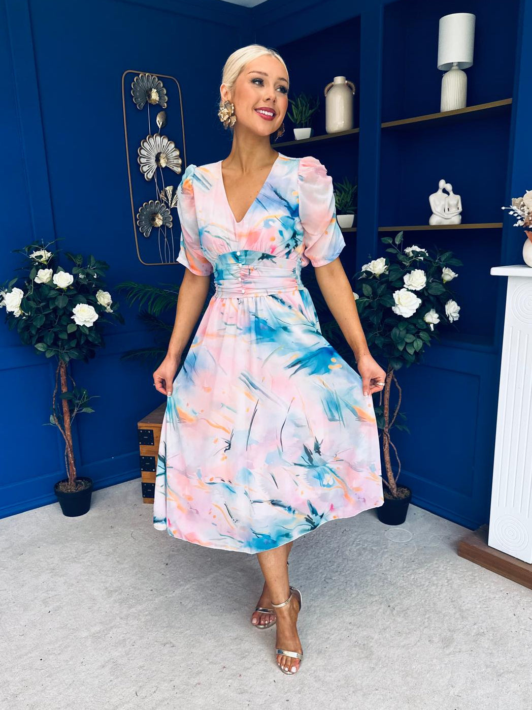 Mirren Banded Midi Dress Floral Pwr Pink