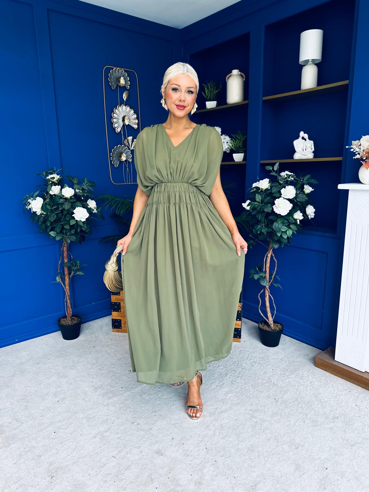 Finley Gathered Detail Midi Dress Khaki