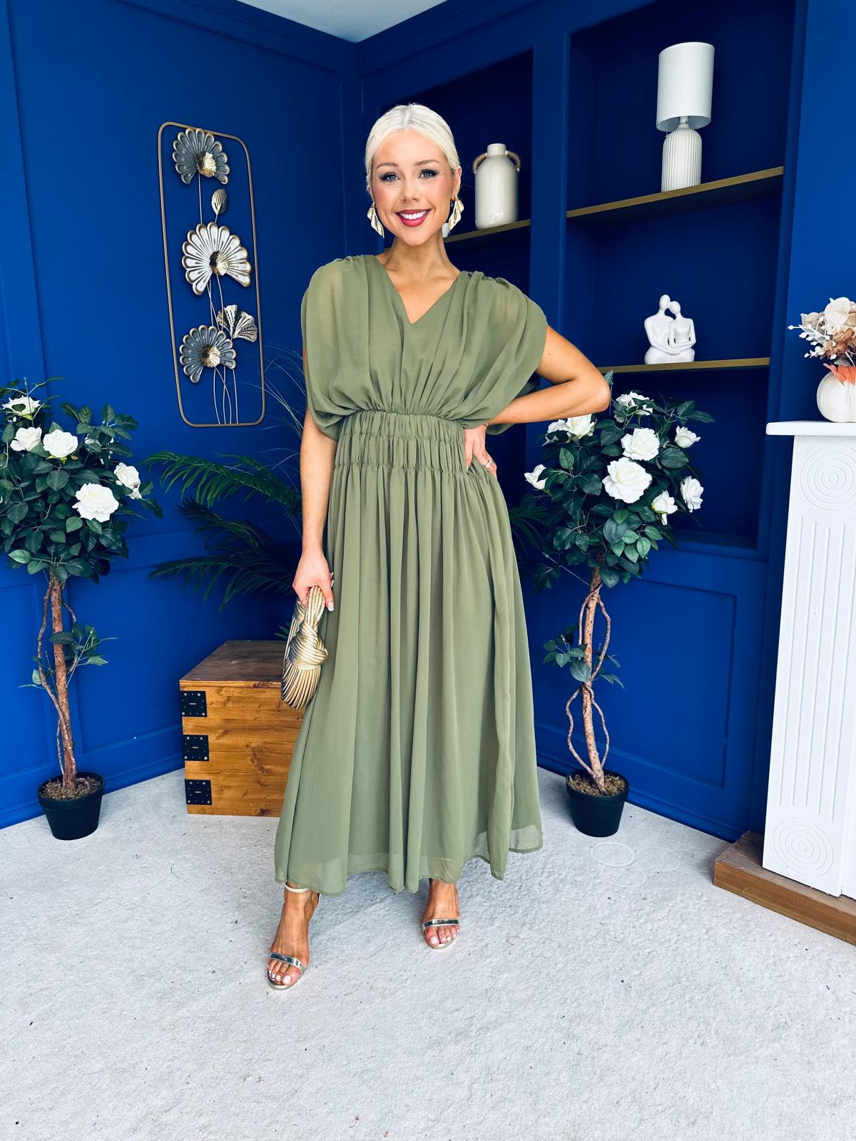 Finley Gathered Detail Midi Dress Khaki