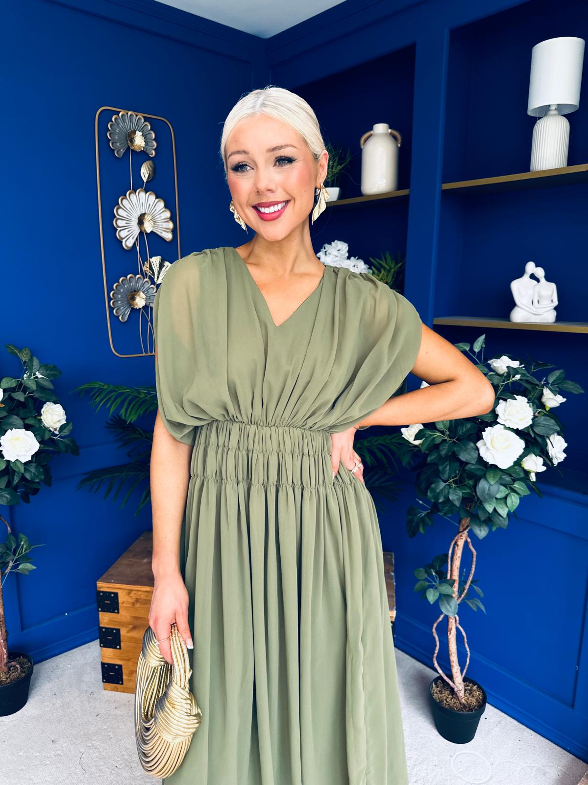 Finley Gathered Detail Midi Dress Khaki