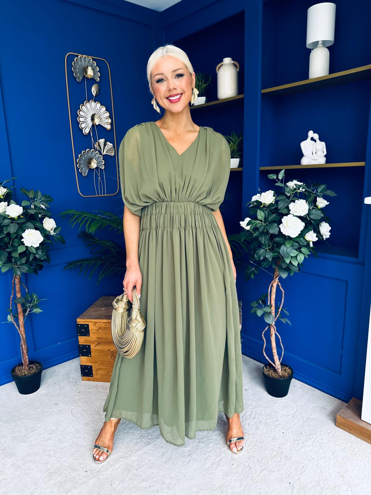 Finley Gathered Detail Midi Dress Khaki