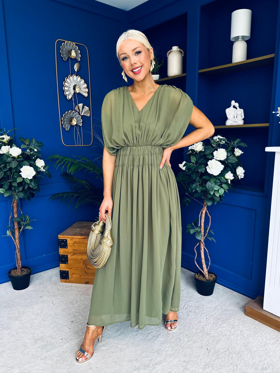 Finley Gathered Detail Midi Dress Khaki