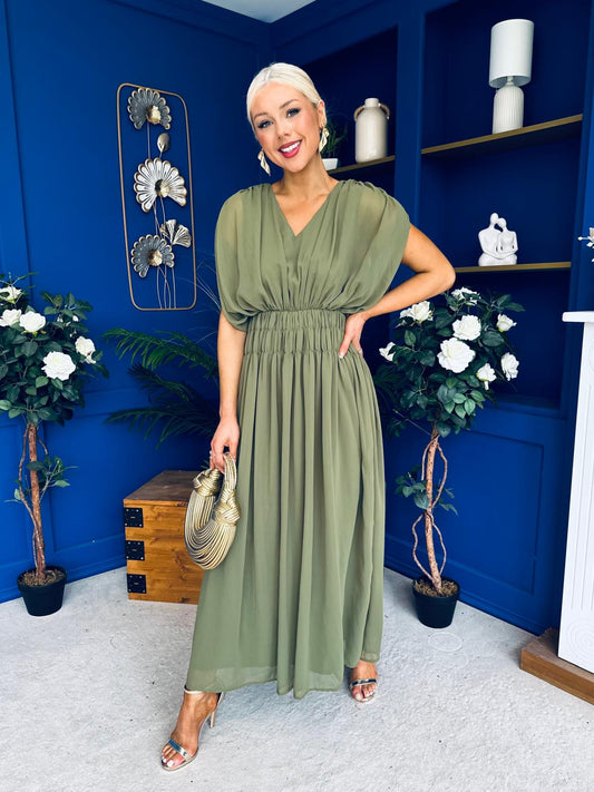 Finley Gathered Detail Midi Dress Khaki
