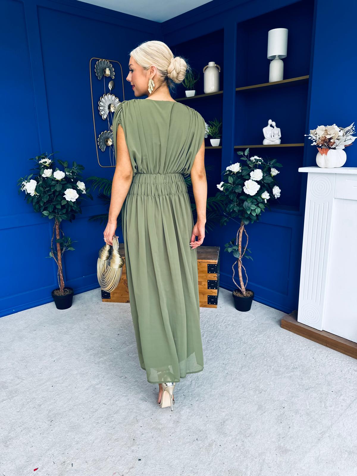 Finley Gathered Detail Midi Dress Khaki