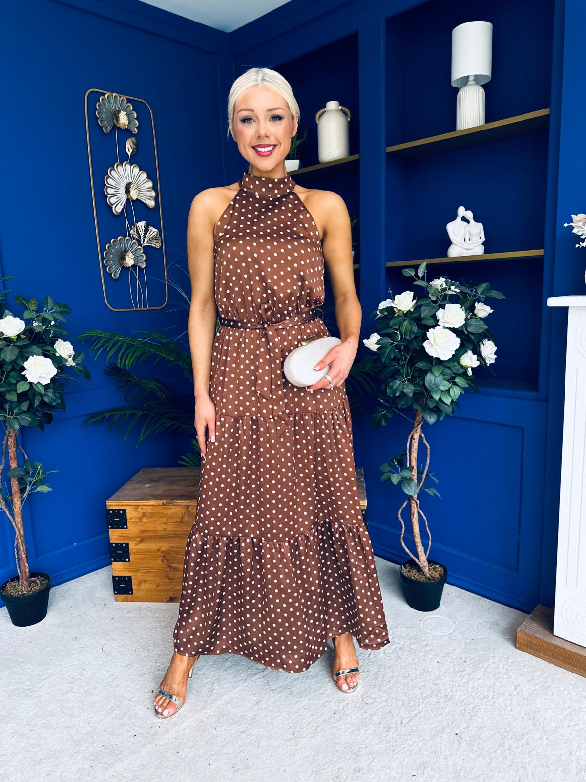 Zaynab Halterneck Tiered Maxi Dress Polka Brown