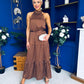 Zaynab Halterneck Tiered Maxi Dress Polka Brown