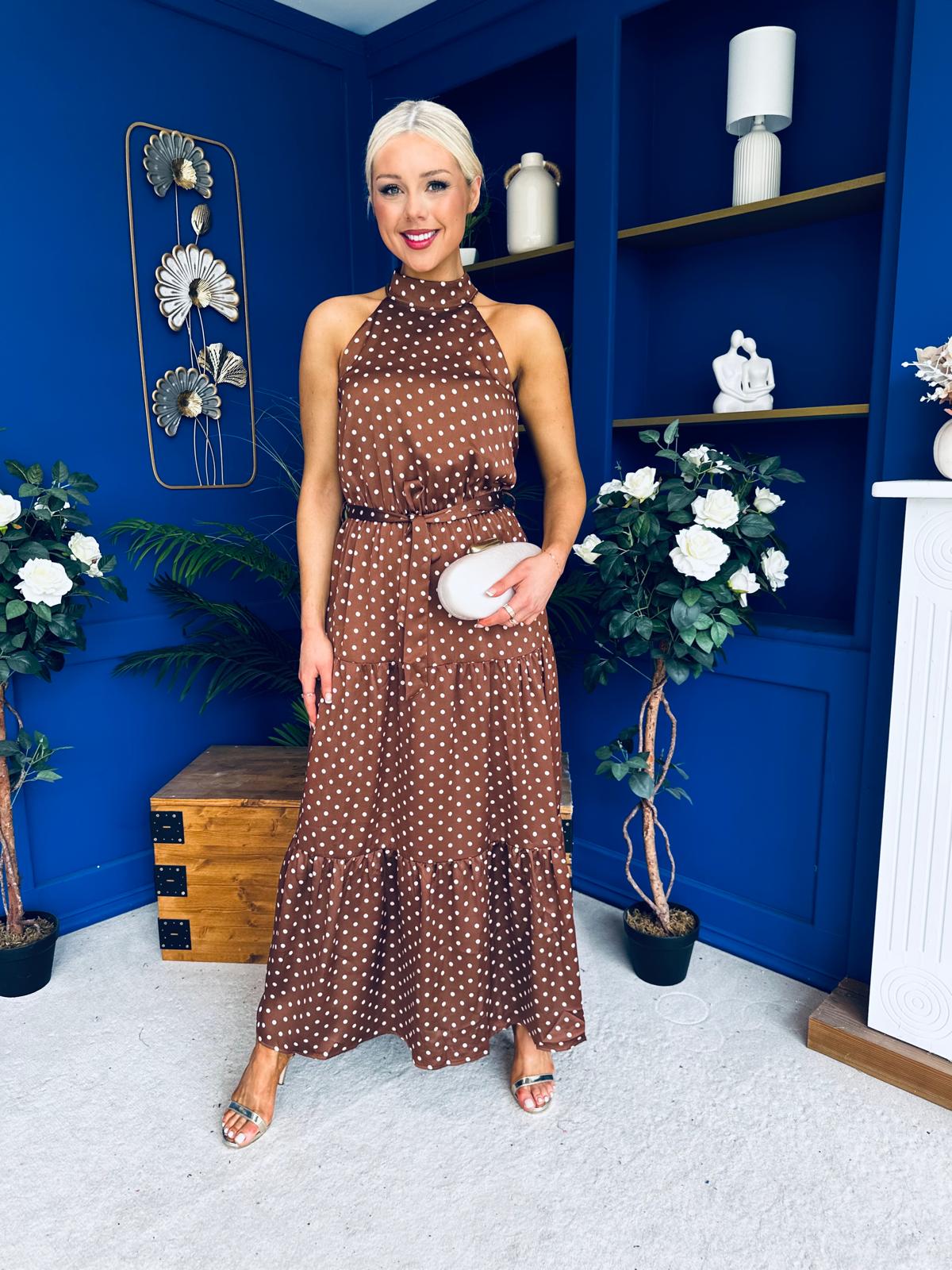 Zaynab Halterneck Tiered Maxi Dress Polka Brown