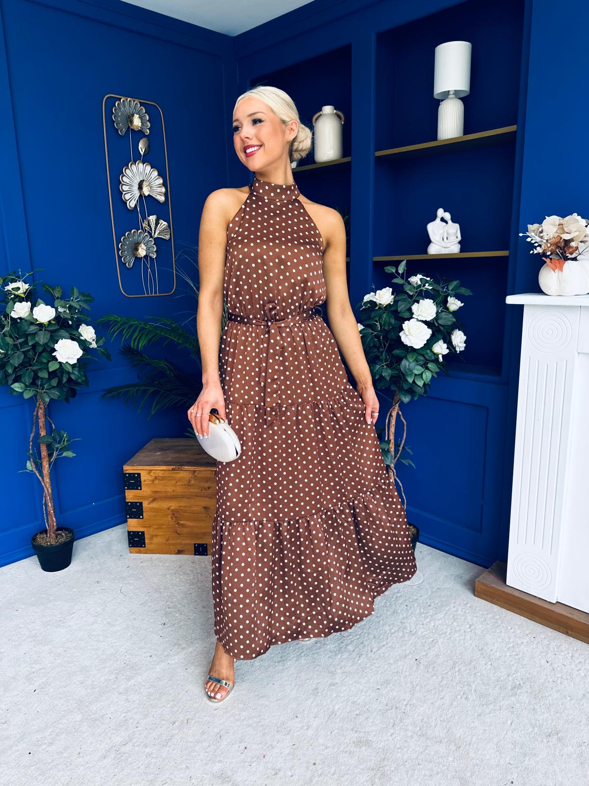Zaynab Halterneck Tiered Maxi Dress Polka Brown