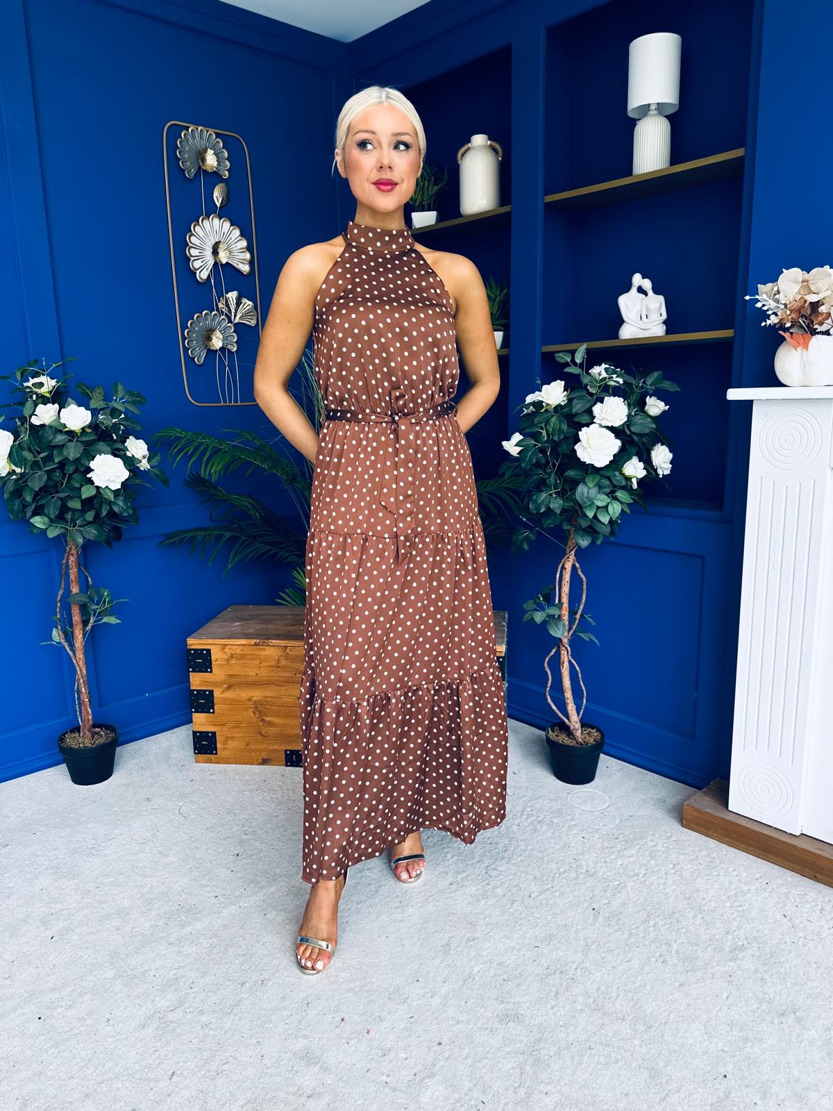 Zaynab Halterneck Tiered Maxi Dress Polka Brown