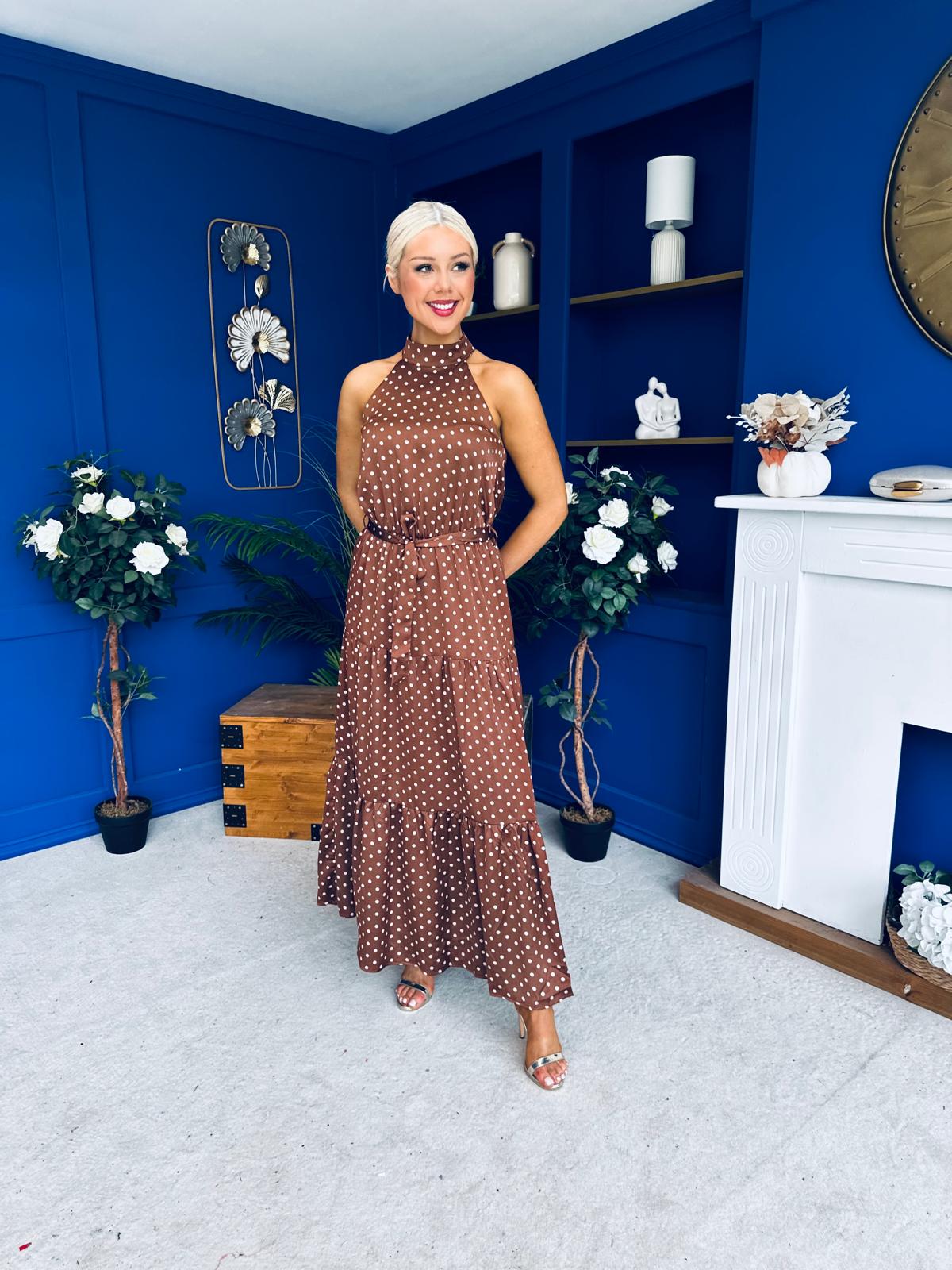Zaynab Halterneck Tiered Maxi Dress Polka Brown