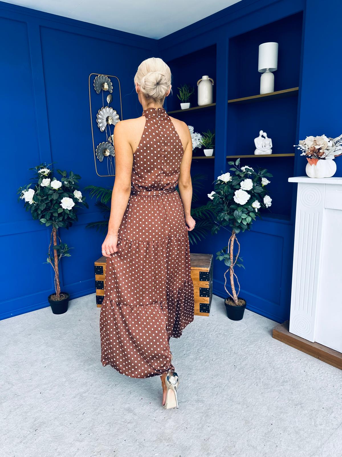 Zaynab Halterneck Tiered Maxi Dress Polka Brown