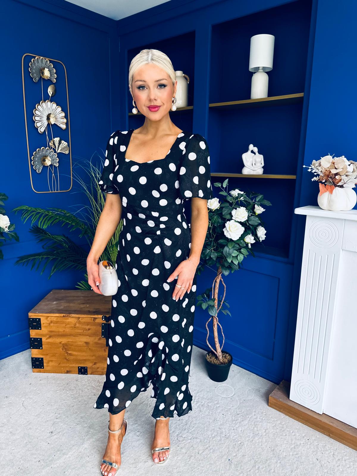 Heidi Detail Ruched Midi Dress Burnout Polka Black