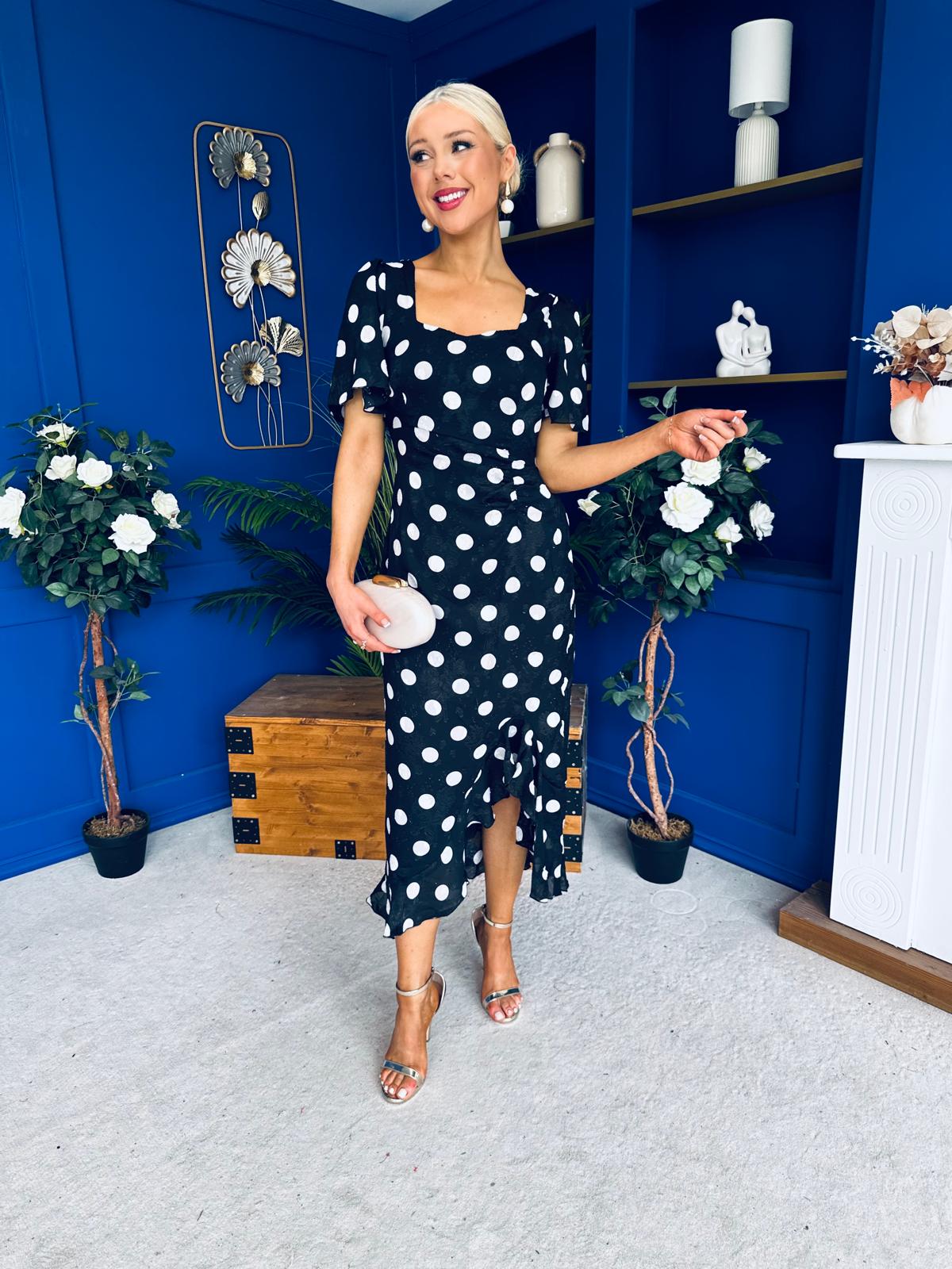 Heidi Detail Ruched Midi Dress Burnout Polka Black