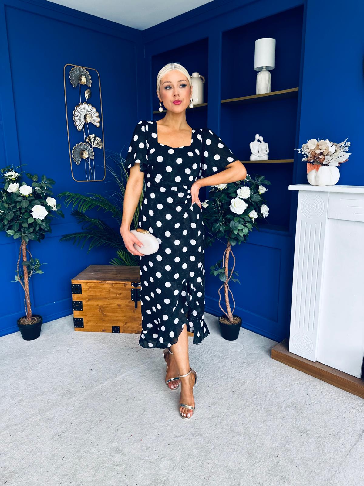 Heidi Detail Ruched Midi Dress Burnout Polka Black