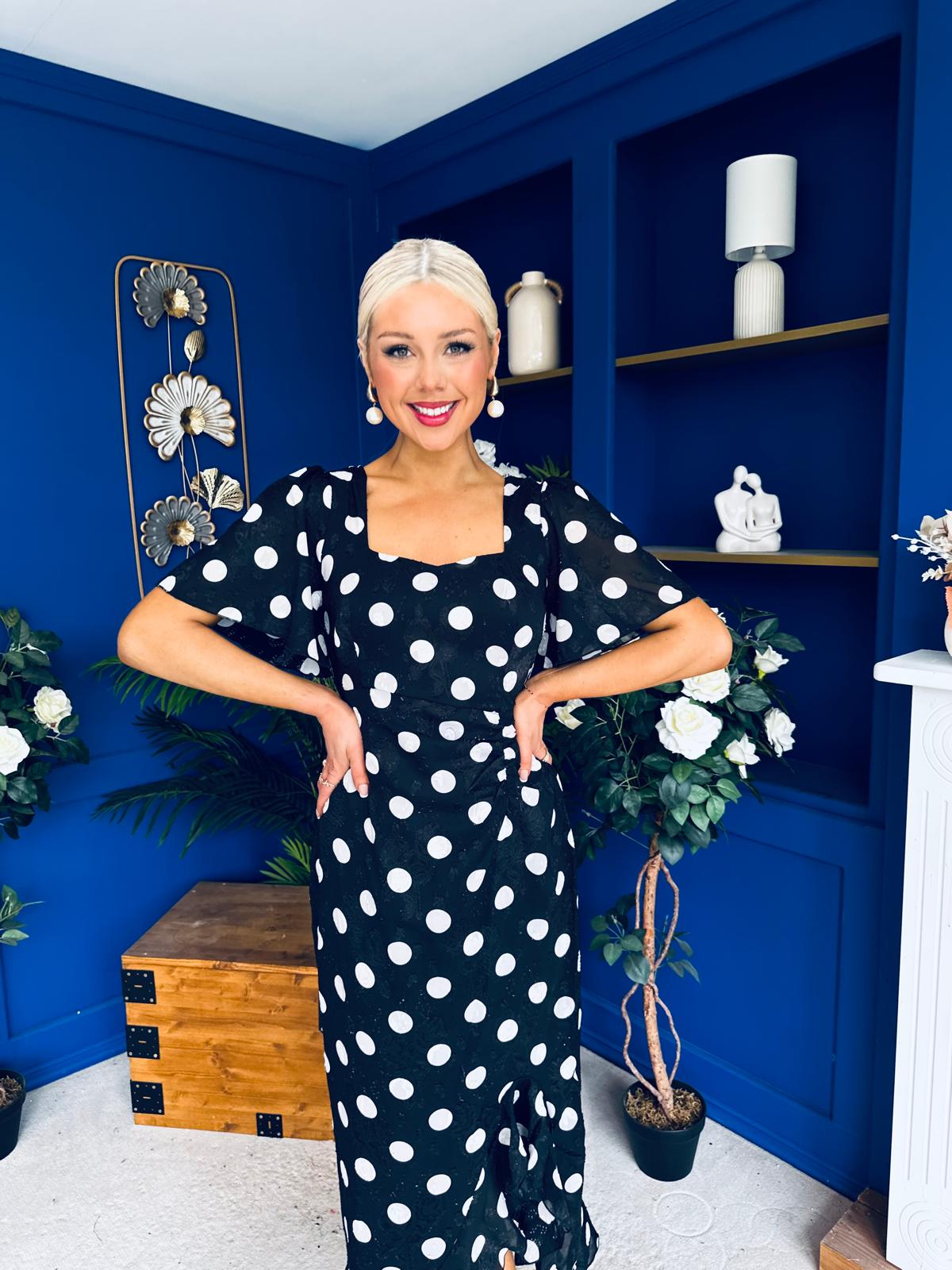 Heidi Detail Ruched Midi Dress Burnout Polka Black