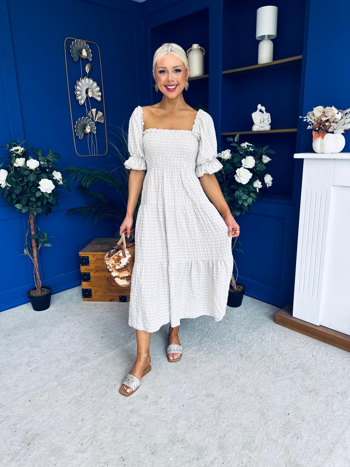 Leah May Puff Sleeve Midi Dress Check Beige