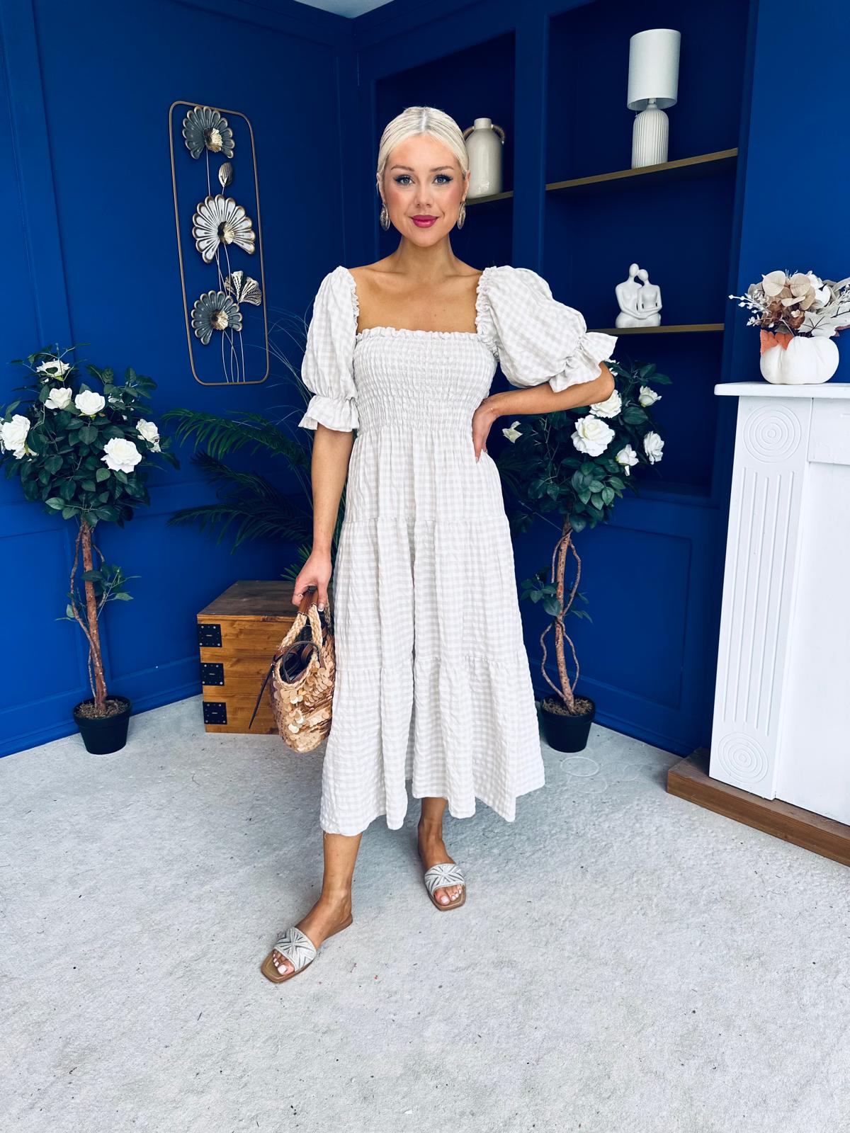 Leah May Puff Sleeve Midi Dress Check Beige