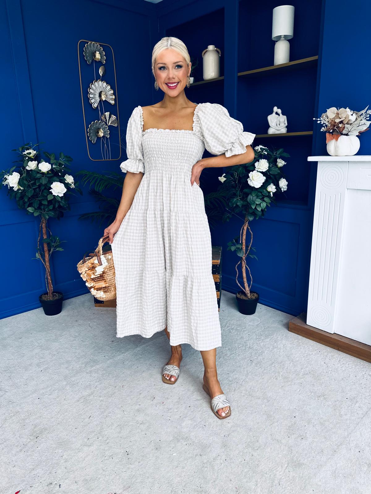 Leah May Puff Sleeve Midi Dress Check Beige
