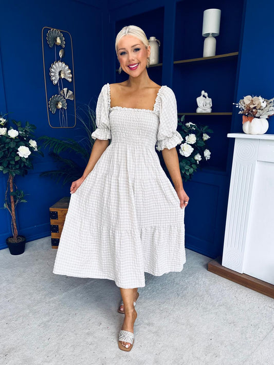 Leah May Puff Sleeve Midi Dress Check Beige