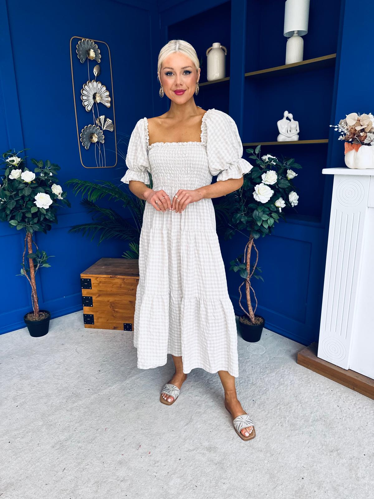 Leah May Puff Sleeve Midi Dress Check Beige