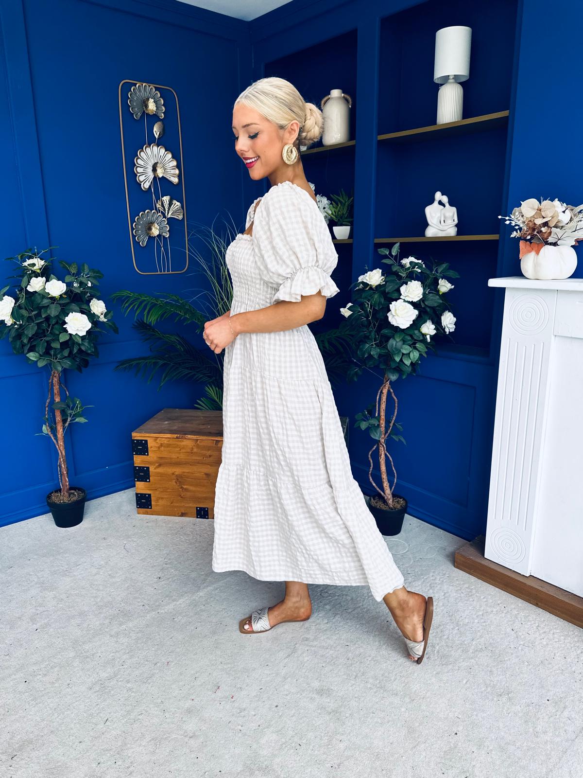 Leah May Puff Sleeve Midi Dress Check Beige