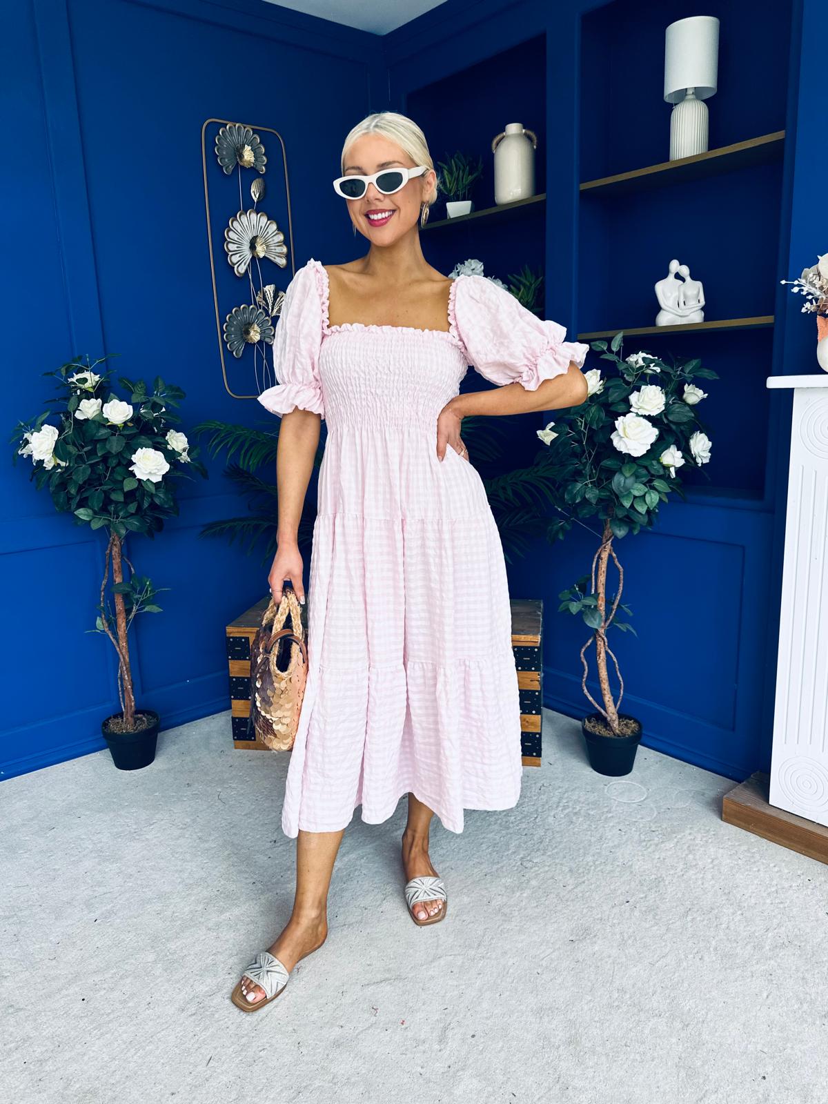 pink puff sleeve midi dress Leah May Puff Sleeve Midi Dress Check Pink – Canella Lane