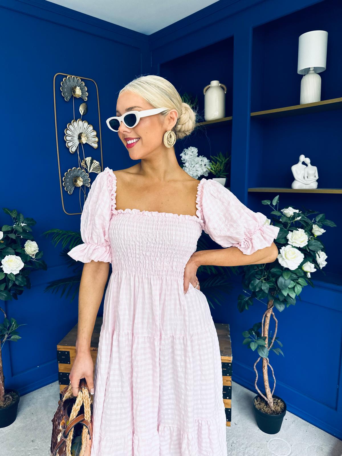 Leah May Puff Sleeve Midi Dress Check Pink