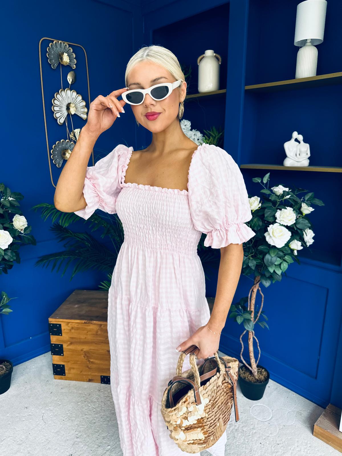 Leah May Puff Sleeve Midi Dress Check Pink