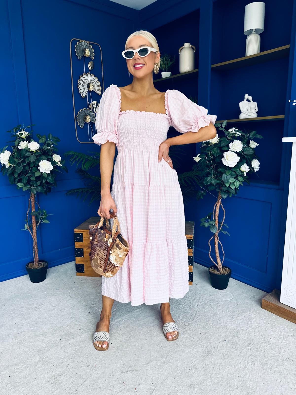 Leah May Puff Sleeve Midi Dress Check Pink