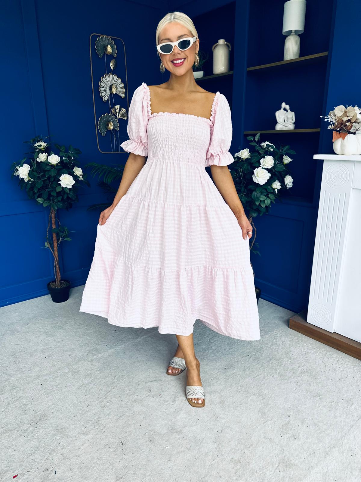 Leah May Puff Sleeve Midi Dress Check Pink