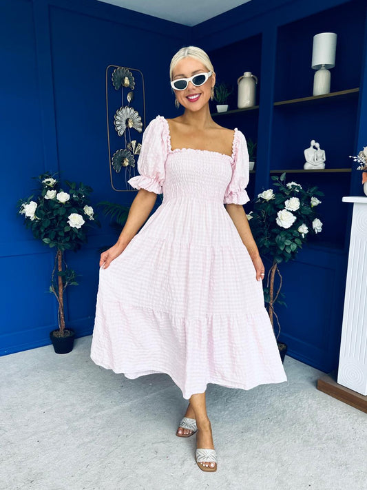 Leah May Puff Sleeve Midi Dress Check Pink