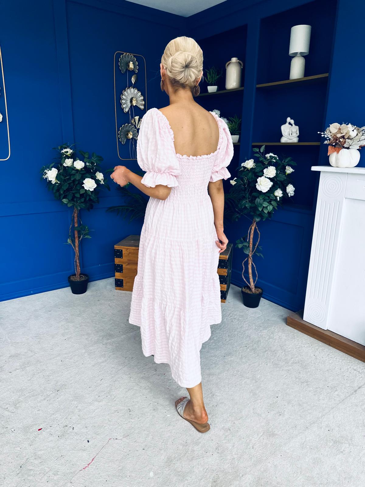 Leah May Puff Sleeve Midi Dress Check Pink