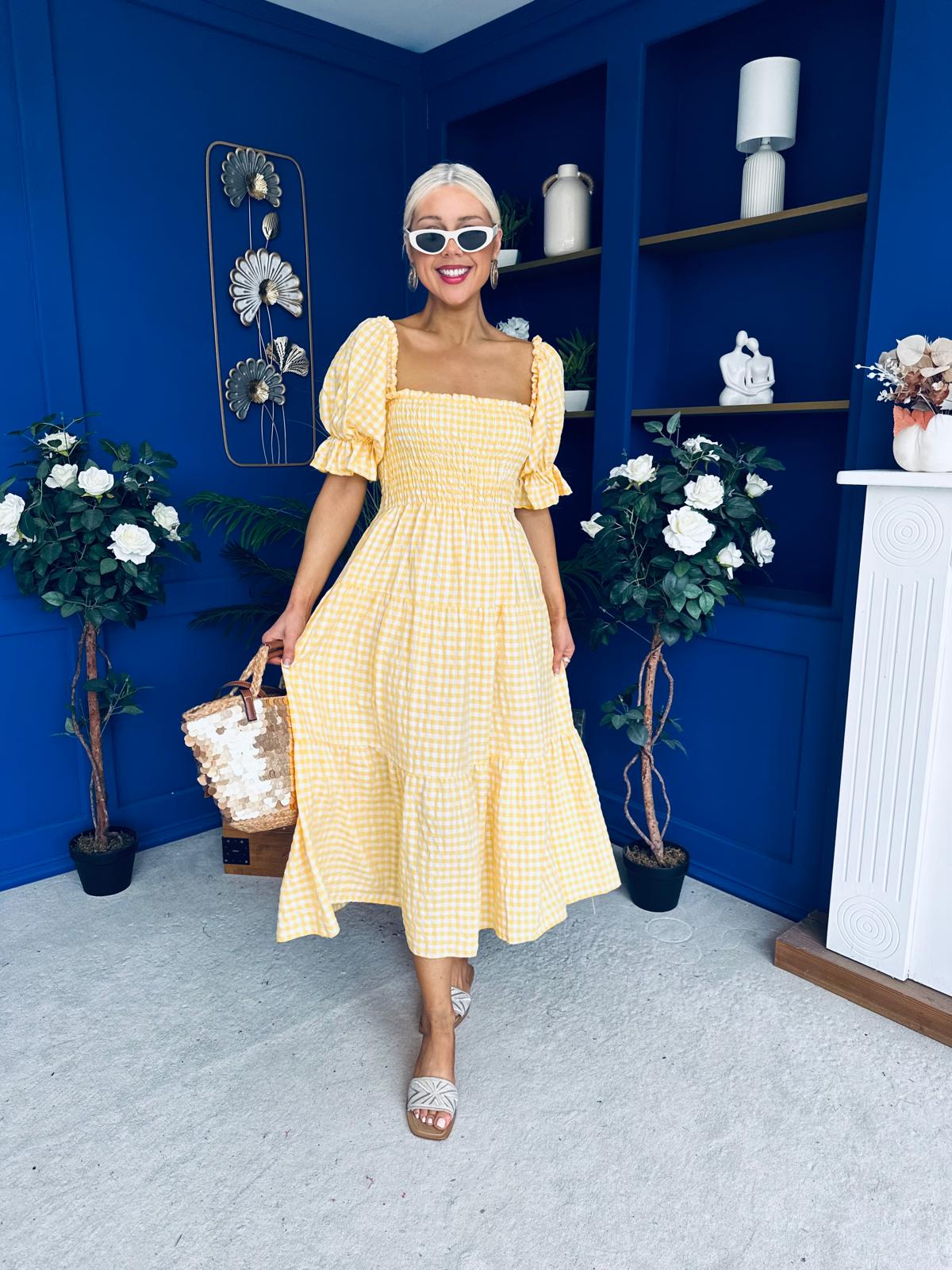 Leah May Puff Sleeve Midi Dress Check Yellow