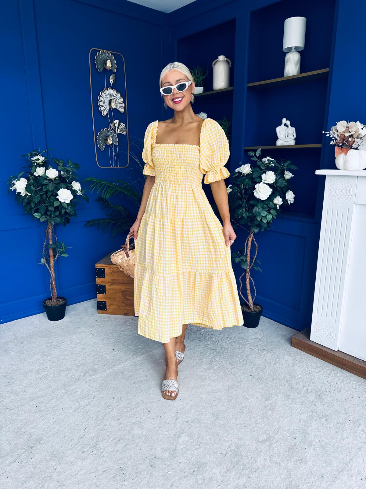 Leah May Puff Sleeve Midi Dress Check Yellow