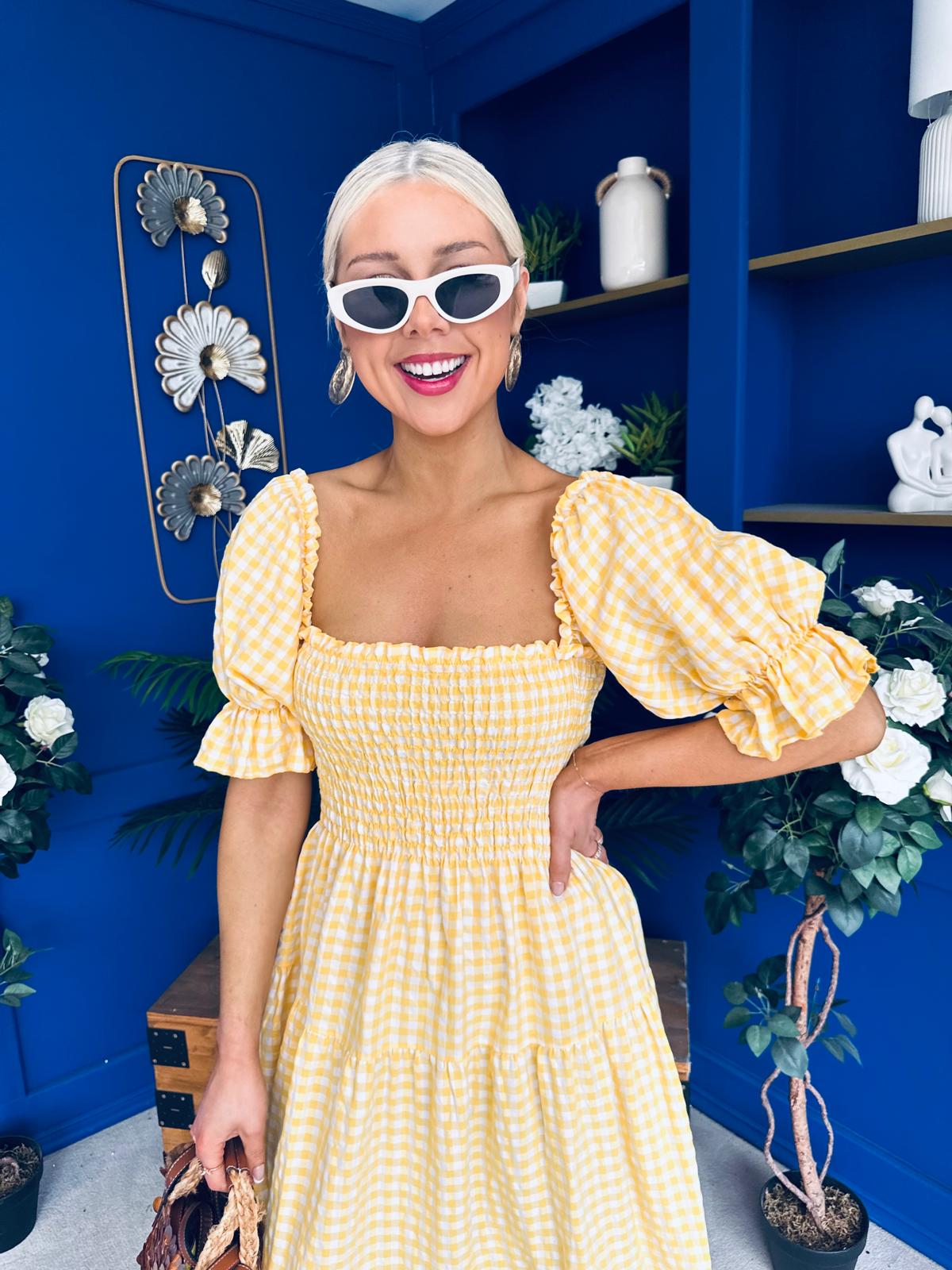 Leah May Puff Sleeve Midi Dress Check Yellow