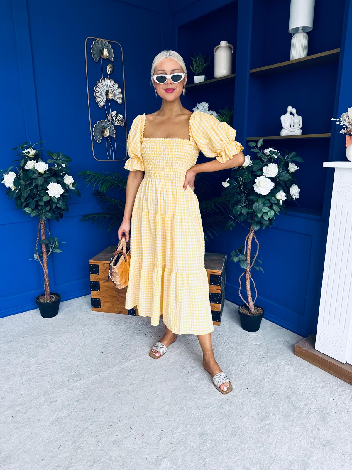 Leah May Puff Sleeve Midi Dress Check Yellow