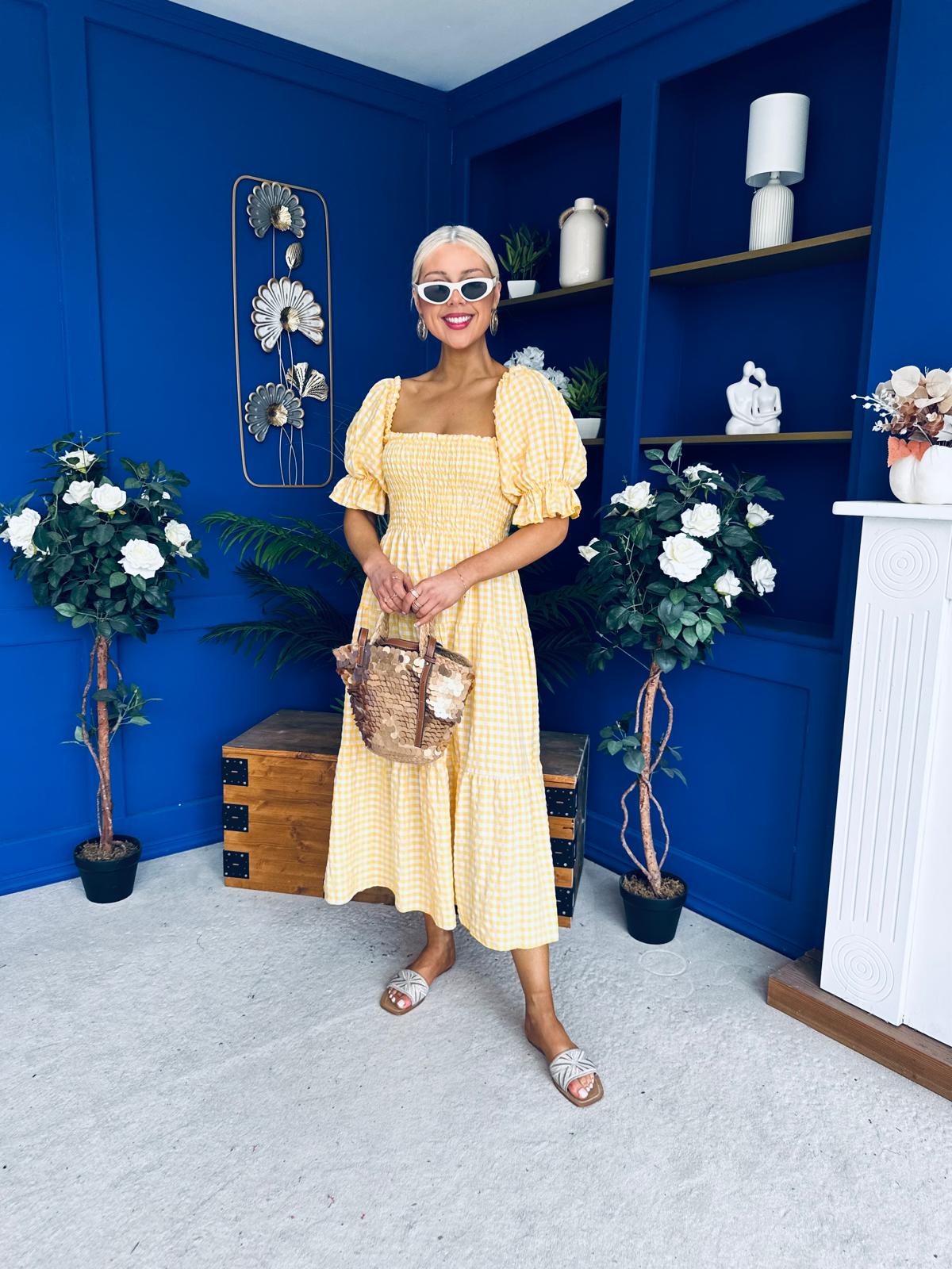 Leah May Puff Sleeve Midi Dress Check Yellow